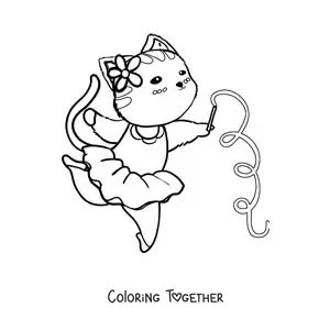 Coloring page of a cartoon cat doing rhythmic gymnastics
