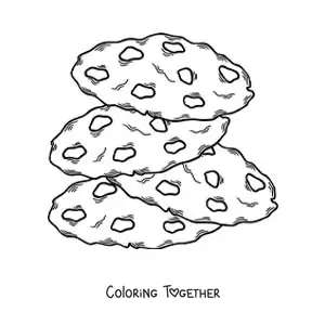 Coloring page of four chocolate chip cookies stacked on top of one another