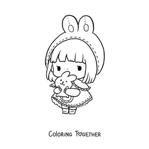 Coloring page of a kawaii doll in a bunny dress