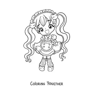Coloring page of a chibi fashion girl in a kawaii kitten dress