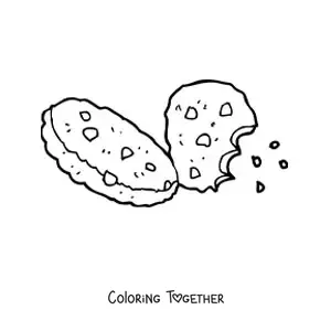 Coloring page of two chocolate chip cookies, one with a bite taken out