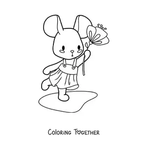 Coloring page of a cartoon kawaii mouse in a dress with a flower