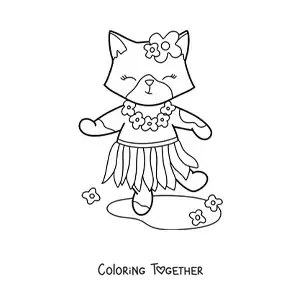 Coloring page of a cartoon kawaii cat in a Hawaiian skirt with flowers