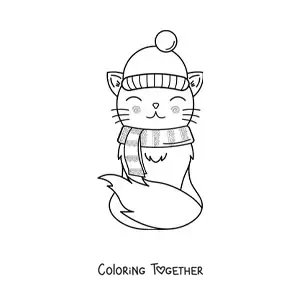 Coloring page of a cartoon kawaii cat in winter fashion