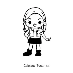 Coloring page of a cartoon kawaii girl in casual clothes