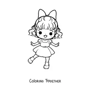 Coloring page of a cartoon kawaii girl with a bow and an elegant dress