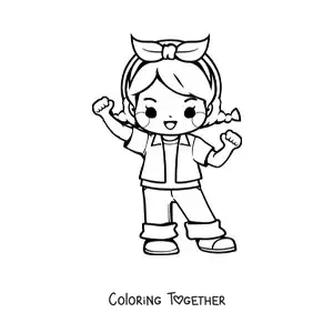 Coloring page of a cartoon kawaii girl with a bow and casual clothes