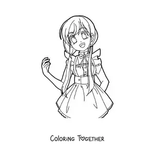 Coloring page of an anime style kawaii girl in a beautiful dress
