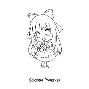 Coloring page of a kawaii chibi girl in a beautiful dress with a rabbit