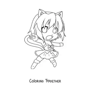 Coloring page of a kawaii chibi girl in a cat costume