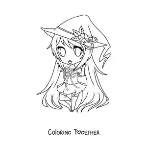 Coloring page of a kawaii chibi fashion girl in a witch costume