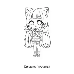 Coloring page of a kawaii chibi fashion girl in a cat and angel costume