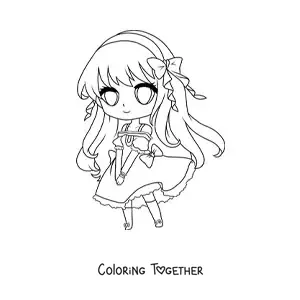 Coloring page of a kawaii chibi fashion girl in a cute long dress