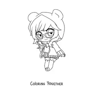 Coloring page of a nerdy kawaii chibi fashion girl with glasses and a hoodie