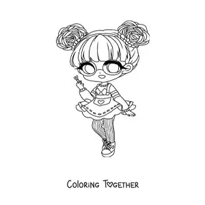 Coloring page of a nerdy kawaii chibi fashion girl with glasses and a skirt
