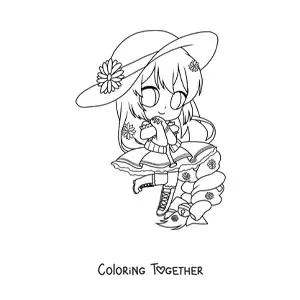 Coloring page of a kawaii chibi fashion girl with a hat and an aesthetic dress