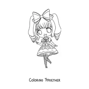 Coloring page of a kawaii chibi fashion girl in a vintage dress