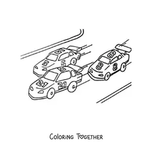 Coloring page of a car race with the numbers '21', '5' and '8'