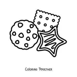 Coloring page of star-shaped cookies, chocolate chip cookies, and a square one