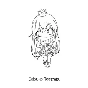 Coloring page of a kawaii chibi fashion girl with a crown and a skirt