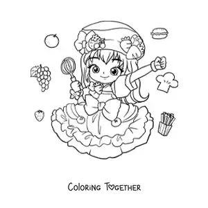 Coloring page of a kawaii chibi fashion pastry girl in a candy outfit