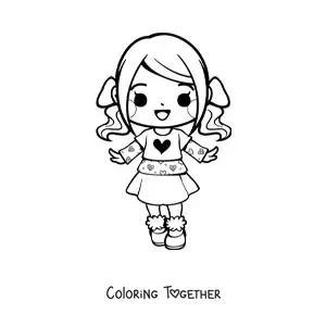 Coloring page of a cartoon kawaii girl with a skirt and pigtails