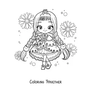 Coloring page of a chibi fashion girl in a kawaii kitten dress with flowers