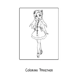 Coloring page of a cartoon girl in a casual fashion dress