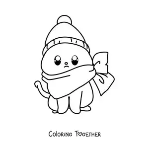 Coloring page of a kawaii cat with a winter hat