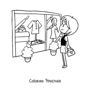 Coloring page of a women's shirt shop
