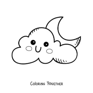 Coloring page of a cartoon kawaii cloud and the Moon