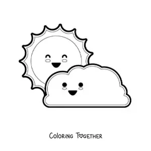 Coloring page of a cartoon kawaii cloud and the Sun