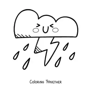 Coloring page of a cartoon kawaii storm cloud with lightning