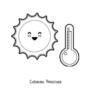 Coloring page of a cartoon kawaii sun on a hot day with a thermometer
