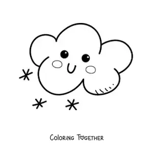 Coloring page of a cartoon kawaii cloud with snow