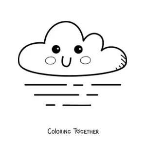 Coloring page of a cartoon kawaii cloud with wind