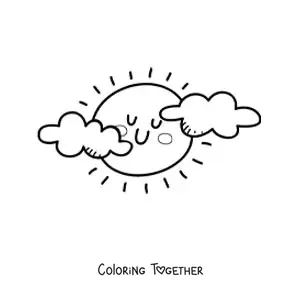 Coloring page of a cloudy cartoon kawaii sun
