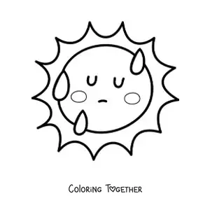 Coloring page of a hot cartoon kawaii sun with sweat drops
