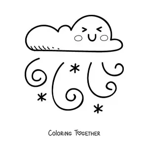 Coloring page of a cartoon kawaii cloud with a gust of wind