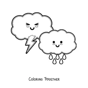 Coloring page of cartoon kawaii rain and storm clouds