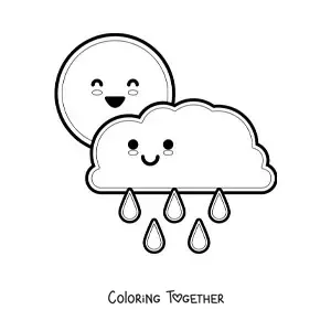 Coloring page of a cartoon kawaii rain cloud and the Sun