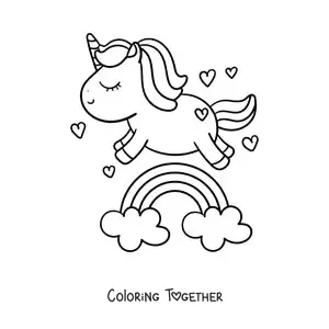 Coloring page of a rainbow with a kawaii unicorn and hearts