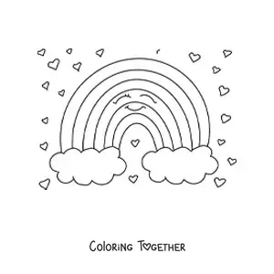 Coloring page of a cartoon rainbow with hearts