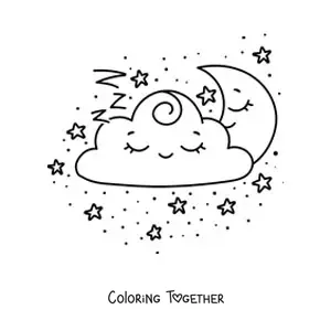 Coloring page of a kawaii cloud sleeping with the Moon and stars