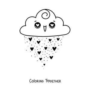 Coloring page of a kawaii cloud with hearts