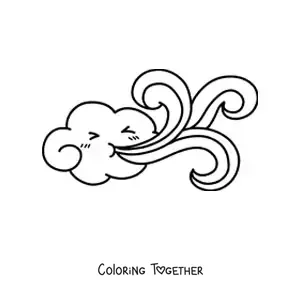 Coloring page of a kawaii cloud blowing