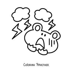 Coloring page of a cartoon frog scared by a storm