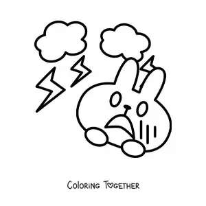 Coloring page of a cartoon rabbit scared by a storm