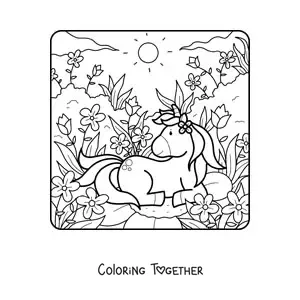 Coloring page of a kawaii unicorn in spring