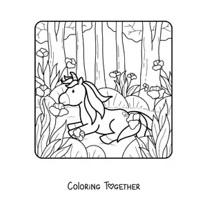 Coloring page of a unicorn in a spring forest